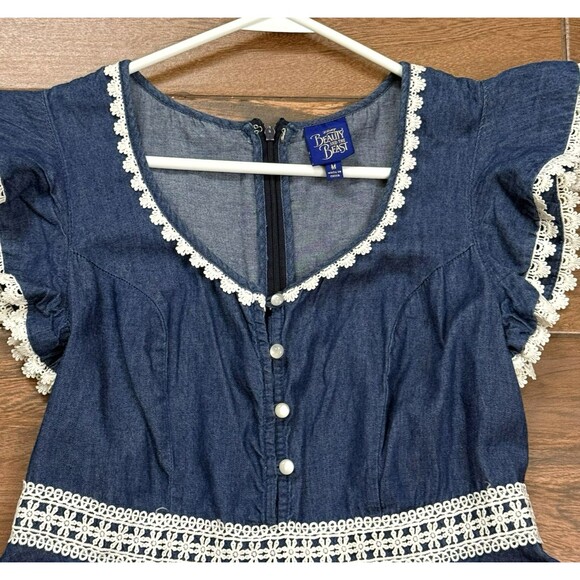 Womens Disney Beauty & The Beast Sz M Belle Denim Dress White Lace Vneck Cosplay - Picture 2 of 7